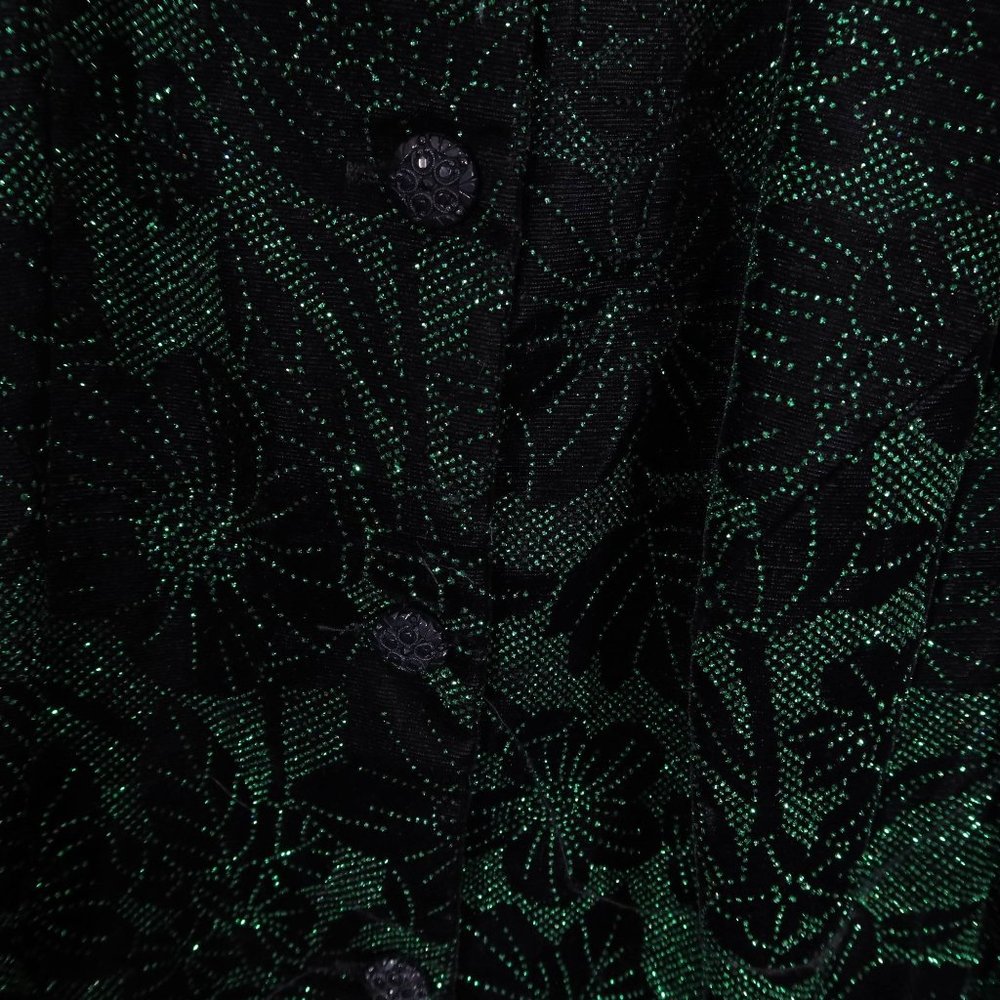 Vintage JESSICA MCCLINTOCK Size 12 Black Green Velvet Sparkle Puff Sleeve Jacket - Picture 5 of 7